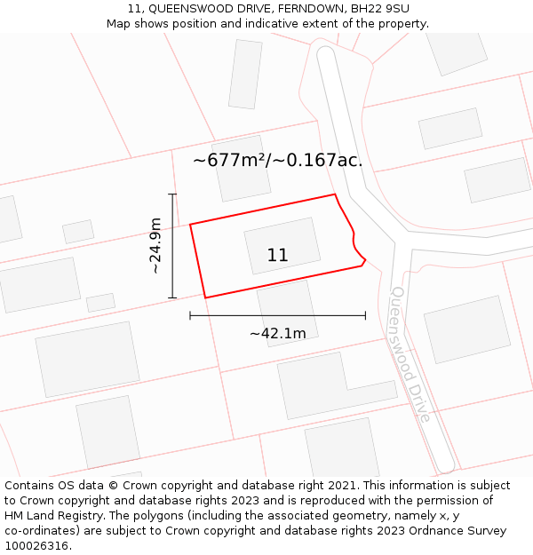 11, QUEENSWOOD DRIVE, FERNDOWN, BH22 9SU: Plot and title map