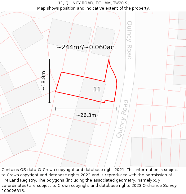 11, QUINCY ROAD, EGHAM, TW20 9JJ: Plot and title map