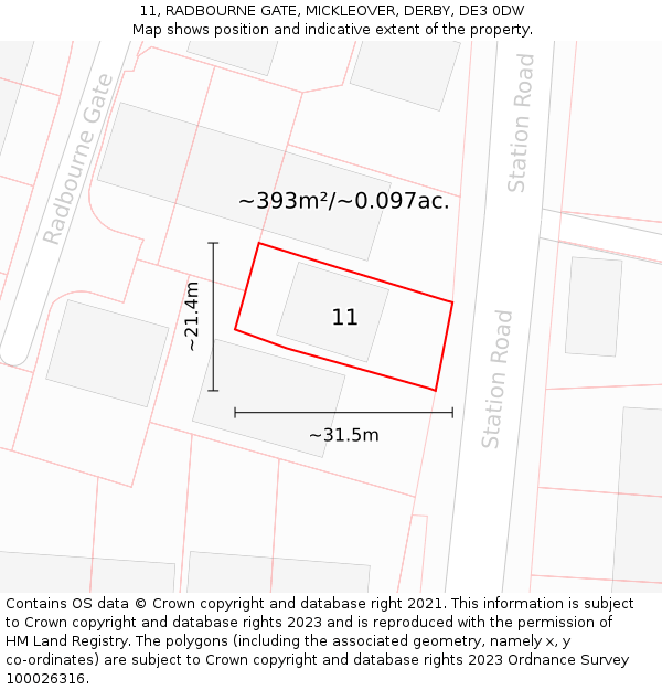 11, RADBOURNE GATE, MICKLEOVER, DERBY, DE3 0DW: Plot and title map