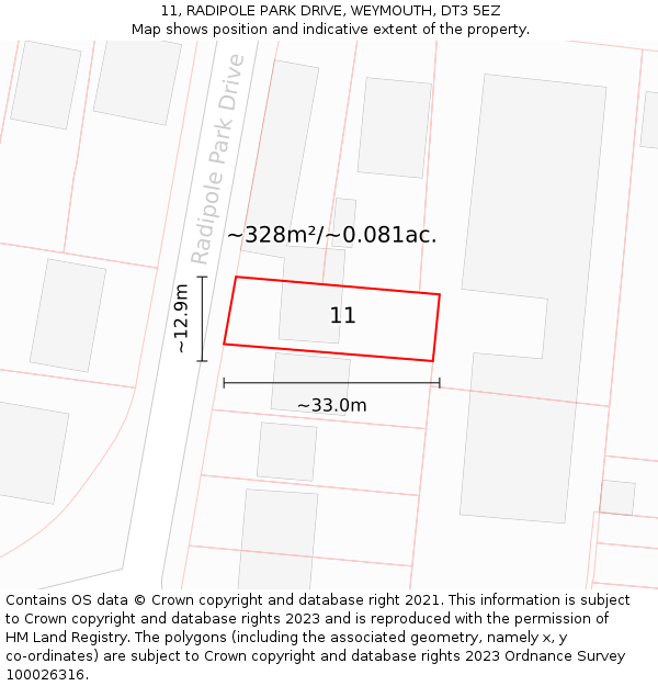 11, RADIPOLE PARK DRIVE, WEYMOUTH, DT3 5EZ: Plot and title map