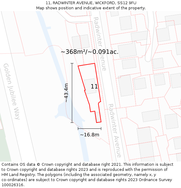 11, RADWINTER AVENUE, WICKFORD, SS12 9FU: Plot and title map