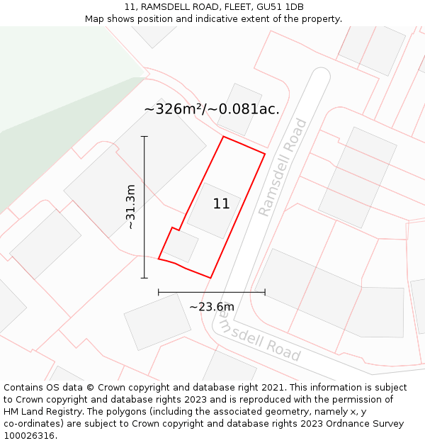 11, RAMSDELL ROAD, FLEET, GU51 1DB: Plot and title map