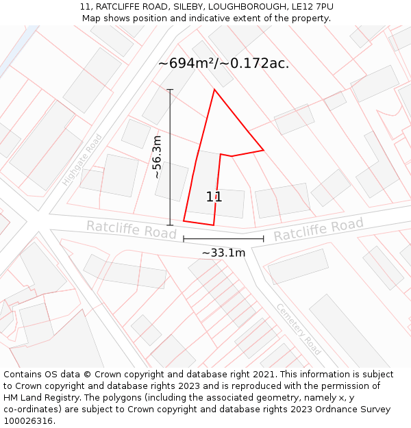 11, RATCLIFFE ROAD, SILEBY, LOUGHBOROUGH, LE12 7PU: Plot and title map