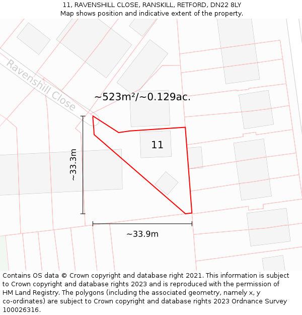 11, RAVENSHILL CLOSE, RANSKILL, RETFORD, DN22 8LY: Plot and title map