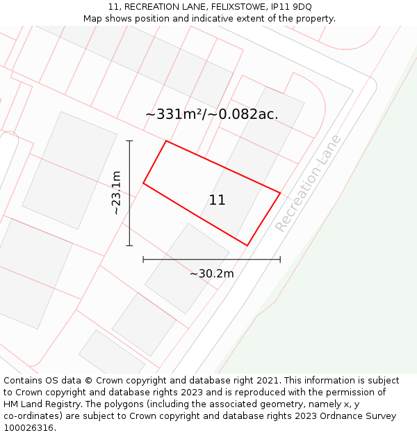 11, RECREATION LANE, FELIXSTOWE, IP11 9DQ: Plot and title map