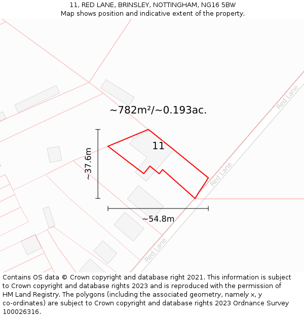 11, RED LANE, BRINSLEY, NOTTINGHAM, NG16 5BW: Plot and title map