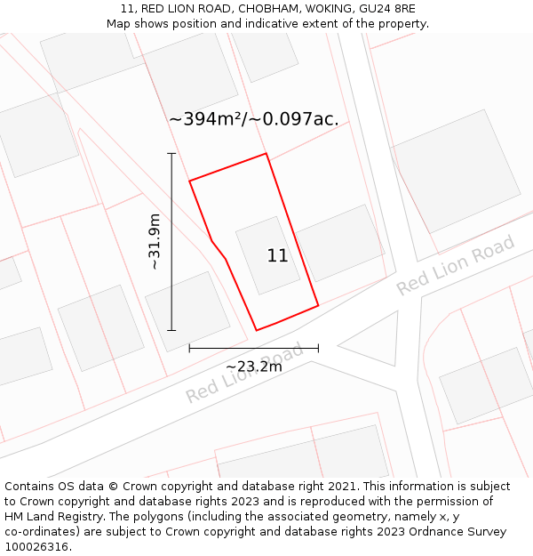 11, RED LION ROAD, CHOBHAM, WOKING, GU24 8RE: Plot and title map