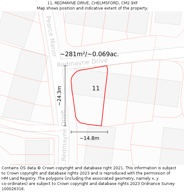 11, REDMAYNE DRIVE, CHELMSFORD, CM2 9XF: Plot and title map