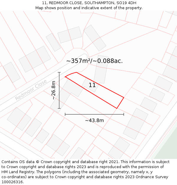 11, REDMOOR CLOSE, SOUTHAMPTON, SO19 4DH: Plot and title map