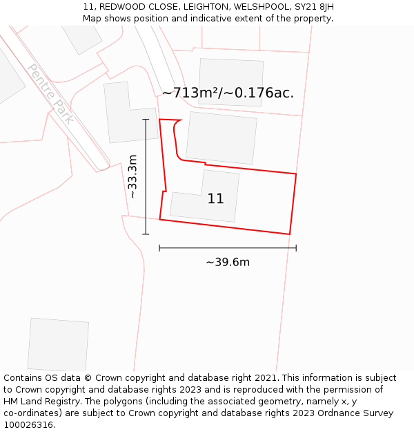 11, REDWOOD CLOSE, LEIGHTON, WELSHPOOL, SY21 8JH: Plot and title map