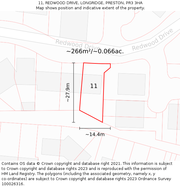 11, REDWOOD DRIVE, LONGRIDGE, PRESTON, PR3 3HA: Plot and title map