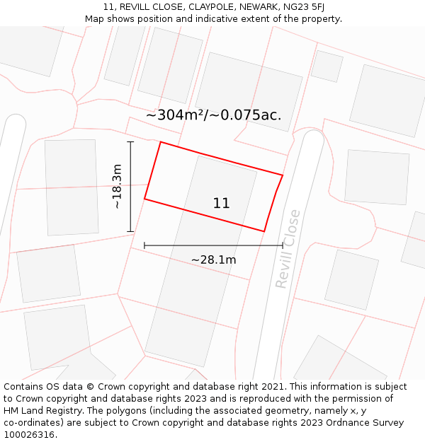 11, REVILL CLOSE, CLAYPOLE, NEWARK, NG23 5FJ: Plot and title map