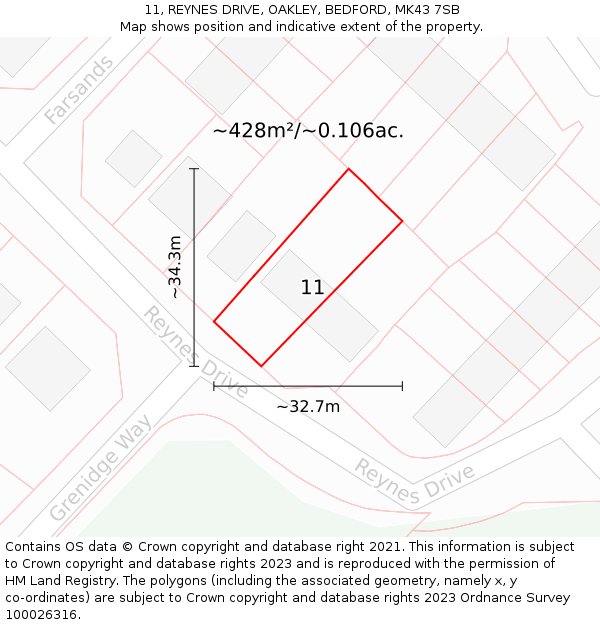 11, REYNES DRIVE, OAKLEY, BEDFORD, MK43 7SB: Plot and title map