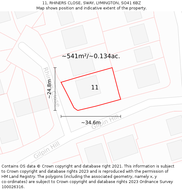 11, RHINERS CLOSE, SWAY, LYMINGTON, SO41 6BZ: Plot and title map