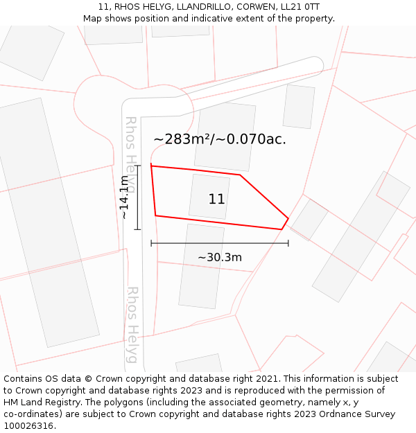 11, RHOS HELYG, LLANDRILLO, CORWEN, LL21 0TT: Plot and title map