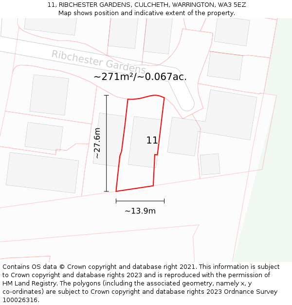 11, RIBCHESTER GARDENS, CULCHETH, WARRINGTON, WA3 5EZ: Plot and title map