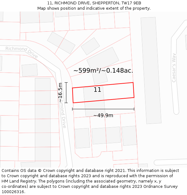 11, RICHMOND DRIVE, SHEPPERTON, TW17 9EB: Plot and title map