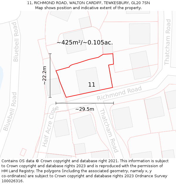 11, RICHMOND ROAD, WALTON CARDIFF, TEWKESBURY, GL20 7SN: Plot and title map