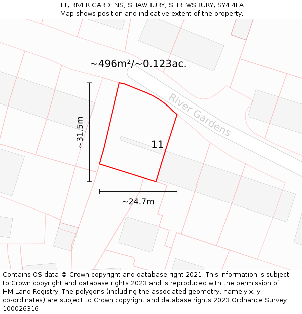 11, RIVER GARDENS, SHAWBURY, SHREWSBURY, SY4 4LA: Plot and title map
