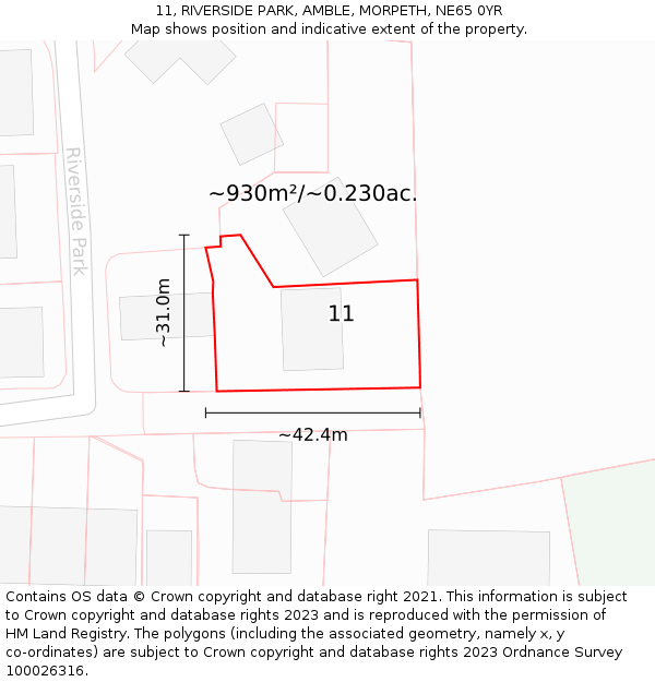 11, RIVERSIDE PARK, AMBLE, MORPETH, NE65 0YR: Plot and title map