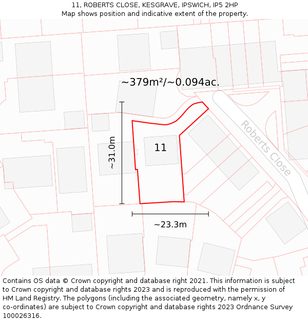 11, ROBERTS CLOSE, KESGRAVE, IPSWICH, IP5 2HP: Plot and title map