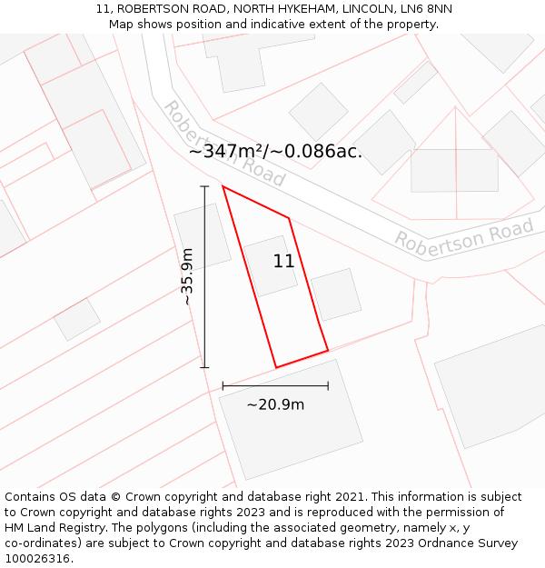 11, ROBERTSON ROAD, NORTH HYKEHAM, LINCOLN, LN6 8NN: Plot and title map