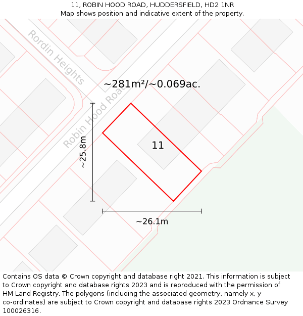 11, ROBIN HOOD ROAD, HUDDERSFIELD, HD2 1NR: Plot and title map