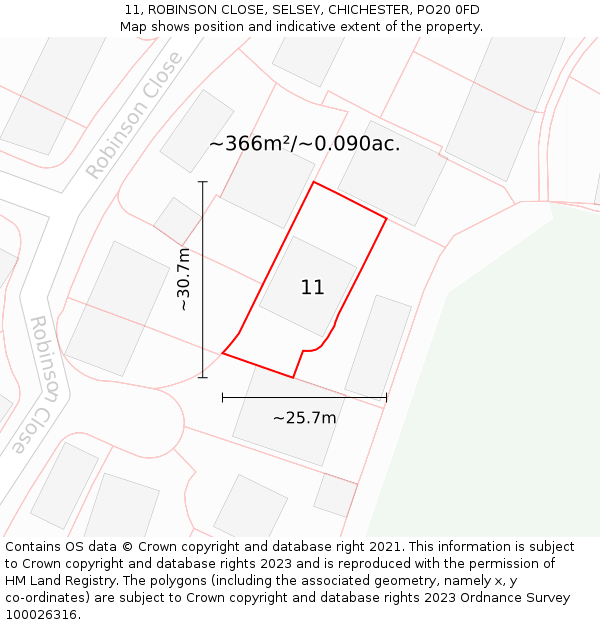 11, ROBINSON CLOSE, SELSEY, CHICHESTER, PO20 0FD: Plot and title map