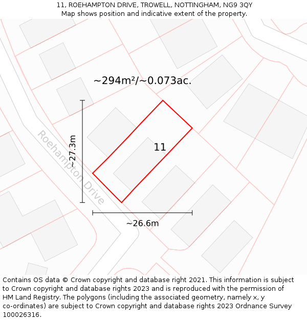 11, ROEHAMPTON DRIVE, TROWELL, NOTTINGHAM, NG9 3QY: Plot and title map