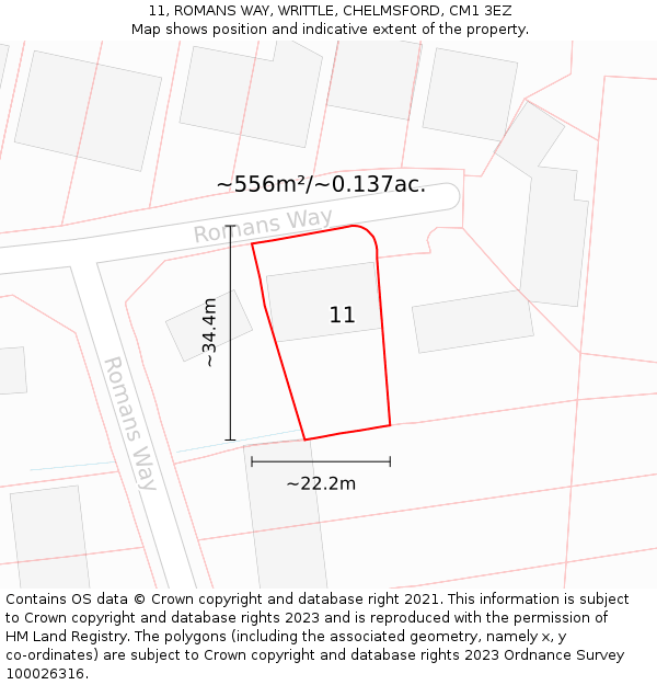 11, ROMANS WAY, WRITTLE, CHELMSFORD, CM1 3EZ: Plot and title map