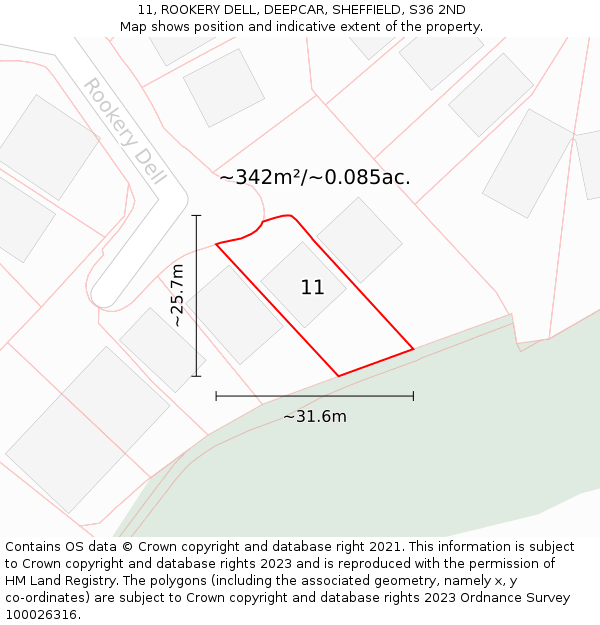 11, ROOKERY DELL, DEEPCAR, SHEFFIELD, S36 2ND: Plot and title map