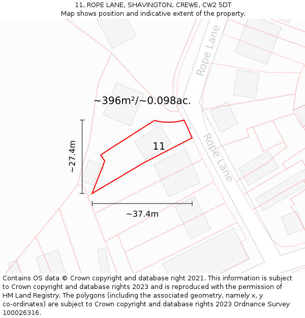 11, ROPE LANE, SHAVINGTON, CREWE, CW2 5DT: Plot and title map