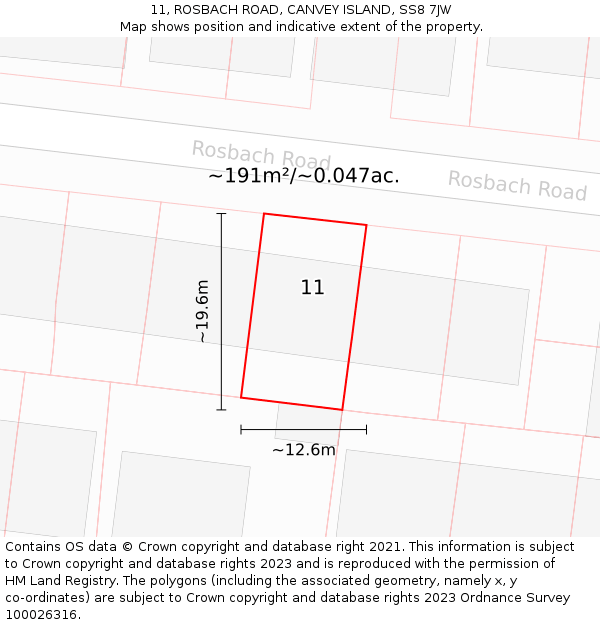 11, ROSBACH ROAD, CANVEY ISLAND, SS8 7JW: Plot and title map