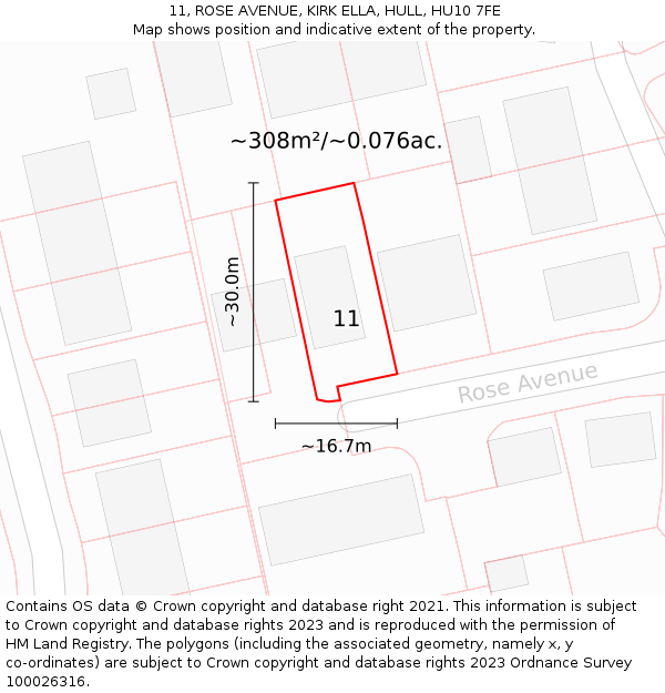 11, ROSE AVENUE, KIRK ELLA, HULL, HU10 7FE: Plot and title map