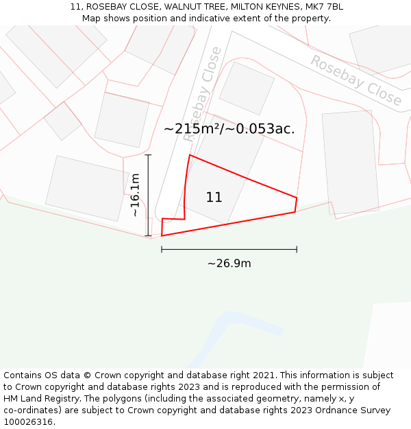 11, ROSEBAY CLOSE, WALNUT TREE, MILTON KEYNES, MK7 7BL: Plot and title map