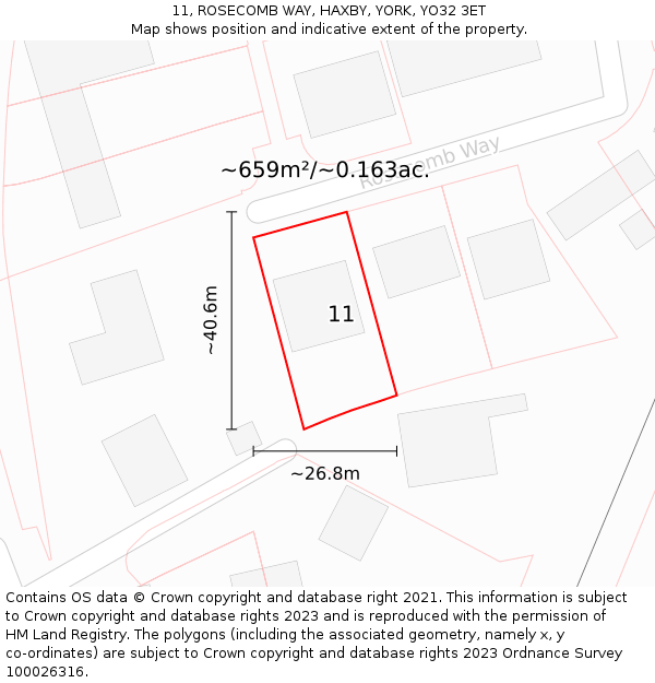 11, ROSECOMB WAY, HAXBY, YORK, YO32 3ET: Plot and title map