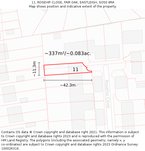 11, ROSEHIP CLOSE, FAIR OAK, EASTLEIGH, SO50 8RA: Plot and title map