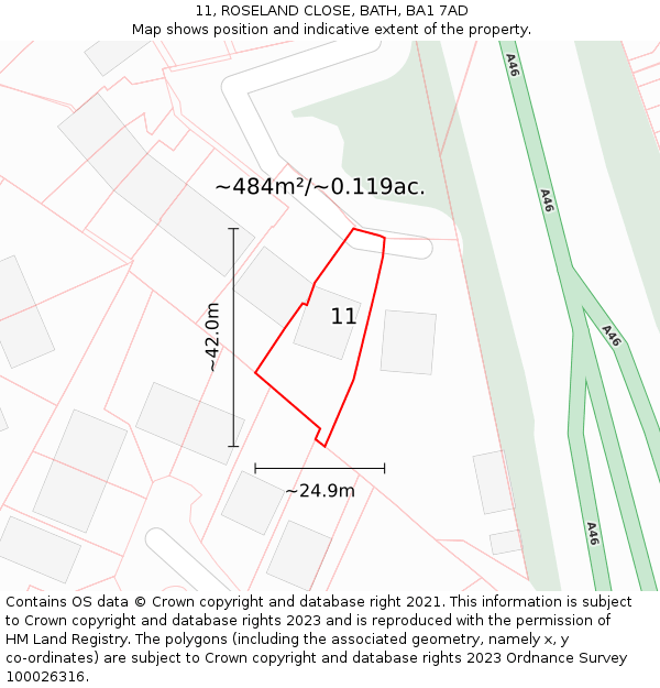 11, ROSELAND CLOSE, BATH, BA1 7AD: Plot and title map