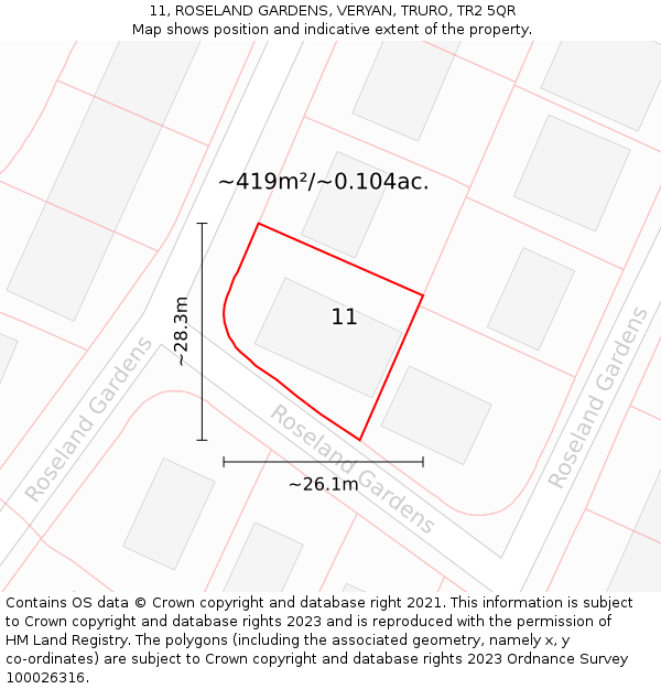 11, ROSELAND GARDENS, VERYAN, TRURO, TR2 5QR: Plot and title map
