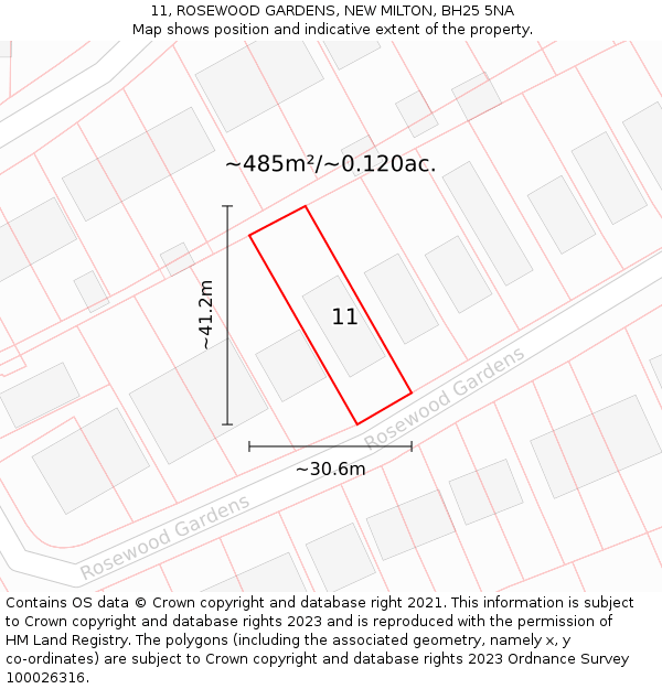 11, ROSEWOOD GARDENS, NEW MILTON, BH25 5NA: Plot and title map