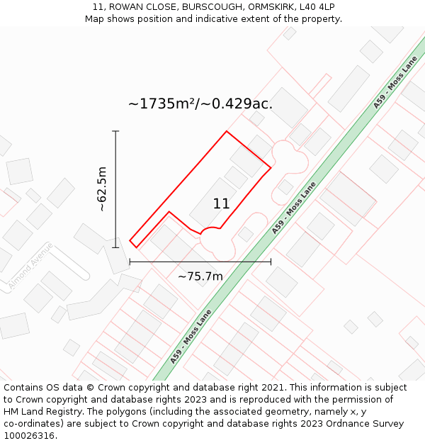 11, ROWAN CLOSE, BURSCOUGH, ORMSKIRK, L40 4LP: Plot and title map