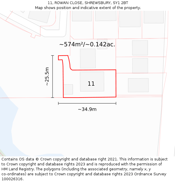 11, ROWAN CLOSE, SHREWSBURY, SY1 2BT: Plot and title map