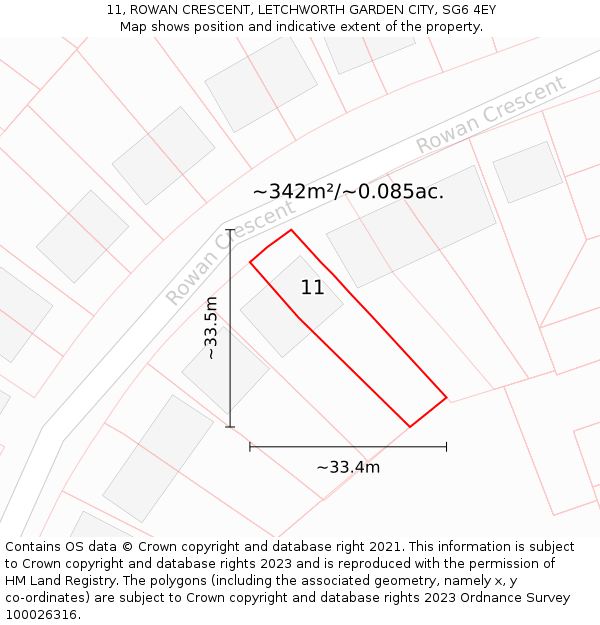 11, ROWAN CRESCENT, LETCHWORTH GARDEN CITY, SG6 4EY: Plot and title map