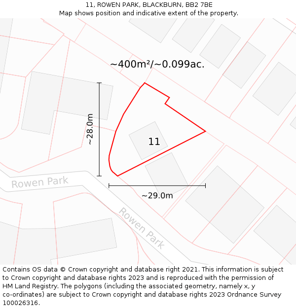 11, ROWEN PARK, BLACKBURN, BB2 7BE: Plot and title map