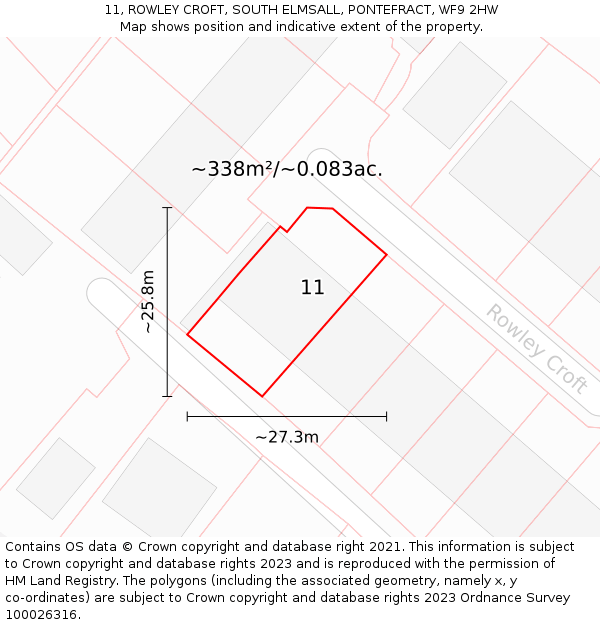 11, ROWLEY CROFT, SOUTH ELMSALL, PONTEFRACT, WF9 2HW: Plot and title map
