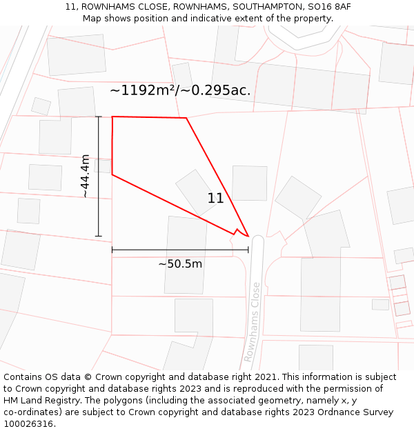 11, ROWNHAMS CLOSE, ROWNHAMS, SOUTHAMPTON, SO16 8AF: Plot and title map