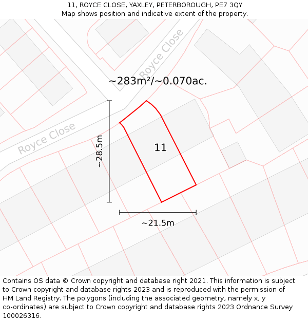 11, ROYCE CLOSE, YAXLEY, PETERBOROUGH, PE7 3QY: Plot and title map