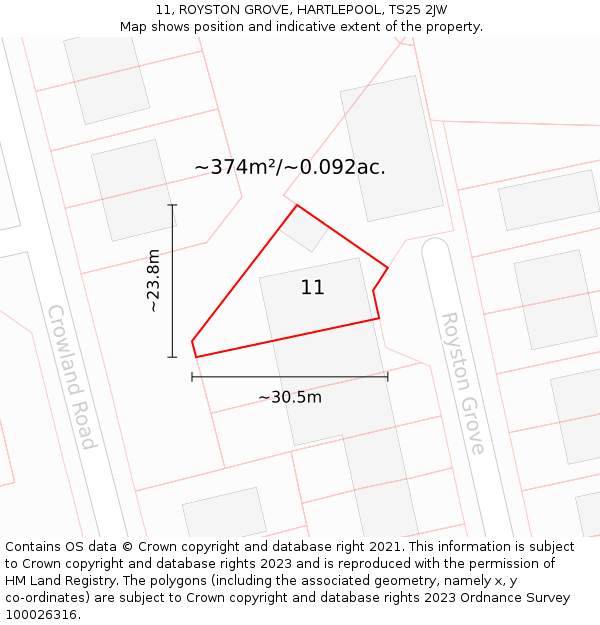 11, ROYSTON GROVE, HARTLEPOOL, TS25 2JW: Plot and title map