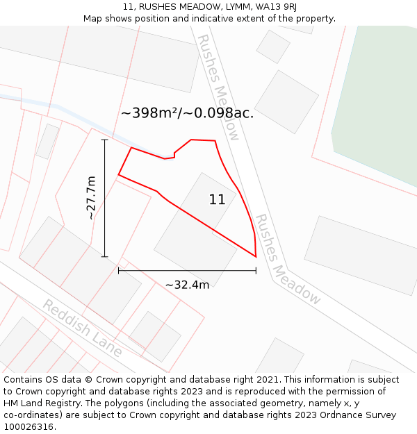 11, RUSHES MEADOW, LYMM, WA13 9RJ: Plot and title map