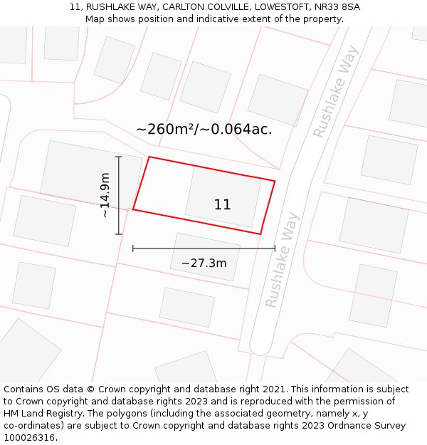 11, RUSHLAKE WAY, CARLTON COLVILLE, LOWESTOFT, NR33 8SA: Plot and title map